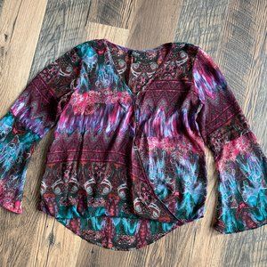 Status Women's size Large Multi-Color Butterfly Sleeve Sheer Cross-Over Blouse